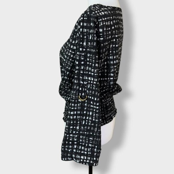MICHAEL Kors Black and White Smocked Waist Roll Tab Blouse with gold Size Small - Picture 4 of 8